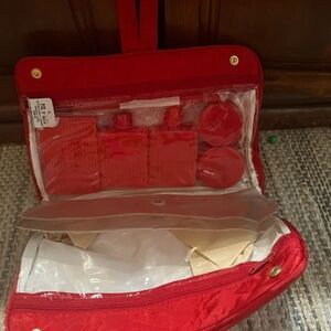 Vintage 1960s Red Satin Hanging Travel Toiletry Case NOS Complete Set
